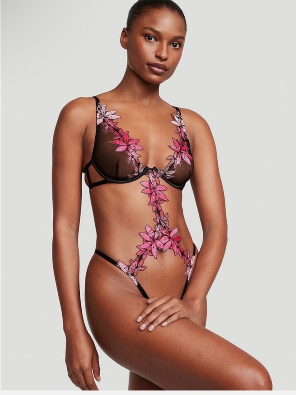 VICTORIA'S SECRET Ziggy Glam bodysuit Teddy Mesh Black Pink Cutout Crotchless
